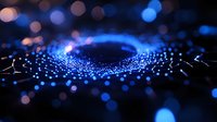 Glowing blue particles forming wave pattern against dark background with bokeh light effects, creating futuristic technology visualization concept.