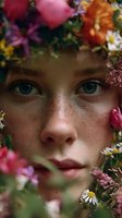 Close-up portrait with green eyes and freckles surrounded by colorful wildflowers including daisies, pink blooms, and orange petals. Natural beauty concept.