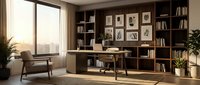 Contemporary home office with dark wood built-in shelving, desk workspace, comfortable armchair, potted plants, and natural light from large windows for professional work environment.