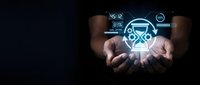 Hands holding glowing digital hourglass icon with data analytics interface, representing time management, productivity, and business efficiency solutions.