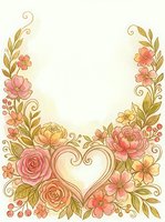 Watercolor floral frame with roses, peonies, and a heart, in soft pink and gold tones, with copy space for wedding or Valentine designs.