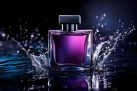 Purple glass perfume bottle with water splash effect on dark background, dramatic lighting creates luxury cosmetic product presentation with dynamic motion.