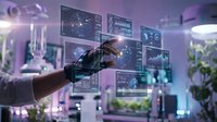Scientist in black glove interacts with futuristic holographic screens displaying data in a high-tech laboratory with plants.