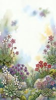 Watercolor wildflower garden border with colorful blooms in pink, red, purple and white, soft pastel background with copy space for text.