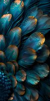 Macro shot of turquoise blue feathers with golden highlights creating abstract natural pattern. Luxurious background for fashion, beauty and interior design projects.
