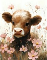 Sweet brown calf portrait among pink cosmos flowers in meadow, soft artistic style with gentle colors and delicate floral details for nursery art.