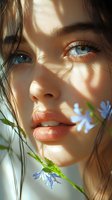 Close up portrait of young woman with blue eyes and natural makeup in soft sunlight with delicate blue flowers, shadow play on face creating artistic effect.