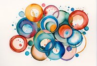 Abstract watercolor circles in vibrant blue, orange and coral tones create dynamic composition with overlapping rings and splatter effects, perfect for modern wall art or creative design projects.