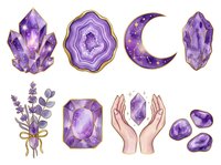 Amethyst crystals, geodes, and lavender flowers isolated on white background. Mystical mineral collection with purple stones for wellness, spirituality, and healing design projects.