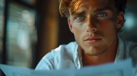 Young Caucasian male with intense blue eyes and ginger hair wearing white shirt, looking thoughtfully away from camera in dramatic cinematic lighting and bokeh background.