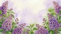 Lilac flowers with green leaves arranged on soft purple and white watercolor background, suitable for spring designs, greeting cards, and floral compositions.