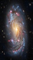 Spectacular spiral galaxy with vibrant star formation regions in pink and blue against deep space backdrop for astronomy and science education materials.