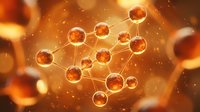 Molecular structure with glowing orange spheres connected by bonds in warm golden light. Scientific chemistry concept for research and education materials.
