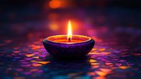 Glowing diya lamp with vibrant flame against colorful bokeh background, creating atmospheric lighting for Diwali celebration or spiritual ceremony.