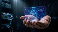 Businessman hands holding holographic cyber security shield with circuit board patterns in futuristic digital technology environment for data protection.