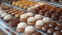 Assorted French macarons and chocolate cupcakes displayed in bakery case, featuring vanilla cream and chocolate frosting swirls arranged in neat rows on metal shelving.
