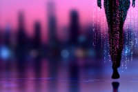Silhouette walking in rain of digital code against purple city skyline background, reflecting on wet surface with neon lights and cyberpunk atmosphere.