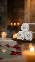 Luxury spa setting with rolled white towels, candles and rose petals creating relaxing wellness atmosphere for massage and beauty treatments.