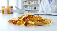 Assorted vitamin and supplement capsules on pharmacy counter with pharmacist in white coat background for healthcare and wellness concepts.