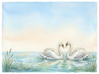 Two white swans forming a heart shape on calm water with reeds and soft sky, isolated watercolor illustration for wedding designs, greeting cards, and romantic decor projects.
