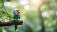 Vibrant spangled cotinga perched on mossy branch against soft bokeh background, displaying bright turquoise and red plumage in natural forest habitat.
