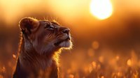 Majestic lioness profile against golden sunset sky, backlit fur glowing in warm evening light as she gazes upward across African savanna grasslands.