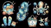 Watercolor knitting clipart set with yarn, octopus, flip flops, tote bag, starfish and shells, isolated on transparent background, ready for stickers, sublimation, t-shirt design.