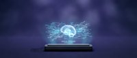 Futuristic holographic brain projection emerging from smartphone screen with digital neural networks and glowing connections for AI technology concepts.