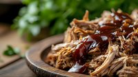 Tender pulled pork with sweet and smoky barbecue sauce served on rustic wooden plate, garnished with fresh herbs. Close up view with selective focus.