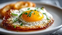 Sunny side up fried egg with crispy edges, bright yellow yolk, and fresh green chives served on white plate with pastry for breakfast.