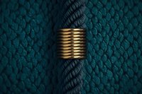 Decorative gold metal spring coil wrapped around dark navy blue twisted nautical rope against textured teal background, macro photography closeup detail.