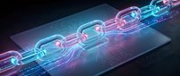 Digital blockchain chain with glowing neon links on futuristic tablet screen representing cryptocurrency technology and secure data connections.