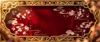 Ornate golden frame with red background featuring cherry blossoms and flowing clouds in traditional Asian style for luxury design projects.