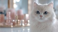 White fluffy cat with striking blue eyes gazes intently against soft pink bokeh background, creating dreamy atmospheric mood for pet photography and lifestyle content.