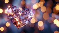 Crystal heart shape glowing against blurred golden bokeh lights background, romantic Valentine's day concept with magical sparkle effect and warm ambiance.