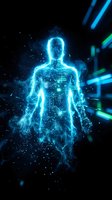 Digital human silhouette with glowing blue circuit patterns and light effects on dark background for technology and AI concepts.