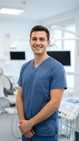 Young male dentist of Caucasian ethnicity wearing blue medical scrubs, smiling confidently in modern dental clinic with equipment and monitors visible in background.