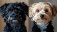 Black and blonde Yorkshire Terrier dogs portrait, small companion pets with expressive eyes and silky fur coats against neutral background.