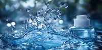 Molecular structure floating over splashing water with blue tones and bokeh effects, scientific concept showing chemical formula and liquid dynamics.