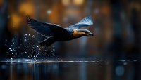 Cormorant bird in flight skimming over water surface with droplets splashing, dramatic dark silhouette against blurred bokeh background in evening light.