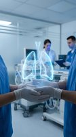 Medical professionals holding glowing lung hologram in hospital setting representing respiratory healthcare and pulmonary medicine collaboration.