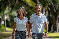 Active mature couple holding hands while walking in park, wearing casual sportswear. Gray-haired woman in white t-shirt and man in polo enjoying outdoor exercise together.