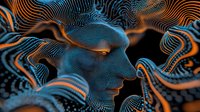 Digital wireframe face emerging from abstract wave pattern in blue and orange tones, representing artificial intelligence and digital consciousness.