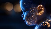 Mystical female profile with glowing golden particles dissolving into darkness against deep blue background. Artistic fantasy portrait showing transformation effect.