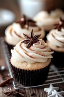 Vanilla cupcakes with cream cheese frosting, decorated with star anise and chocolate dust on cooling rack, macro food photography in warm tones.