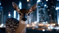 Young deer in urban environment at night with bokeh city lights and skyscrapers in background creating magical contrast between nature and metropolis.