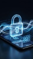 Digital cybersecurity concept with glowing padlock hologram emerging from smartphone screen surrounded by flowing data streams and binary code elements.