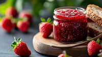 Fresh strawberry jam in glass jar with whole berries and rustic bread on wooden board against dark background, selective focus on preserves.
