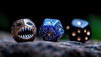 Fantasy gaming dice with metallic dragon mouth design and sparkling blue galaxy pattern on natural stone surface, macro photography for tabletop gaming enthusiasts.