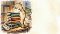 Cozy reading nook with stacked books, vintage lamp, potted plant and warm lighting on wooden desk against bookshelf background for home decor and education.